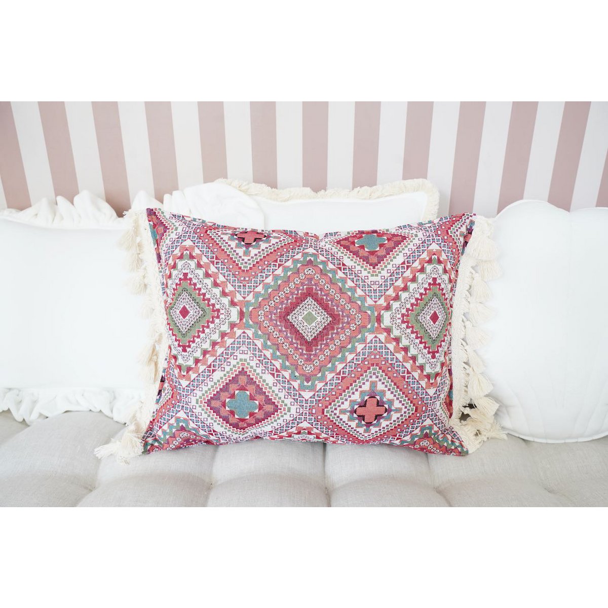 MOI MILI Dekokissen „Boho-Stil“ mit Fransen | Rosa