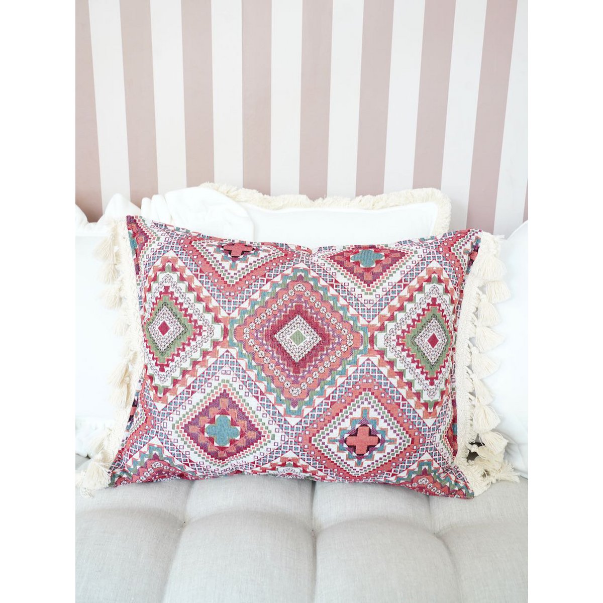 MOI MILI Dekokissen „Boho-Stil“ mit Fransen | Rosa