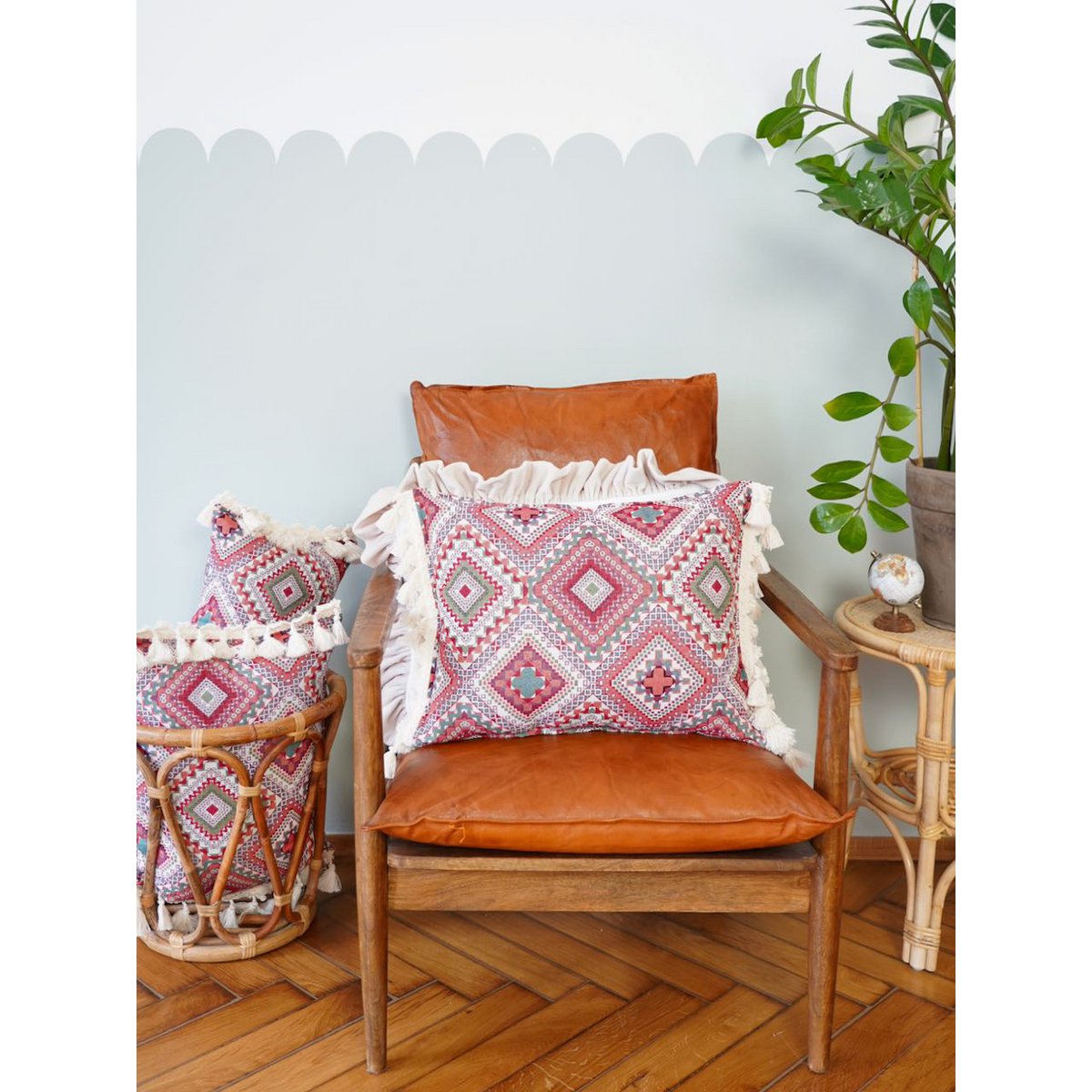 MOI MILI Dekokissen „Boho-Stil“ mit Fransen | Rosa