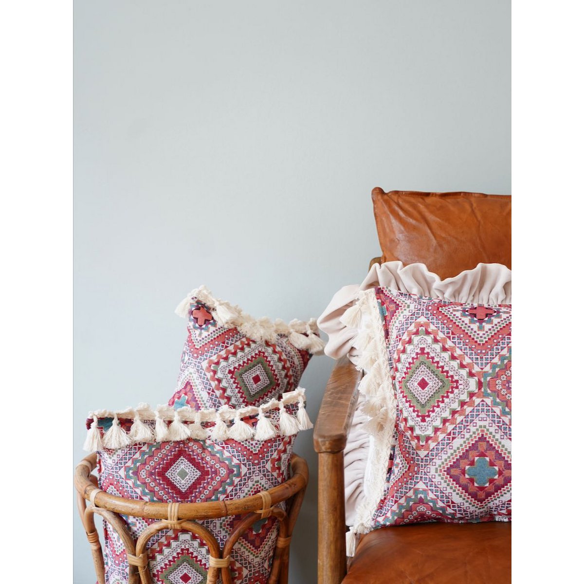 MOI MILI Dekokissen „Boho-Stil“ mit Fransen | Rosa