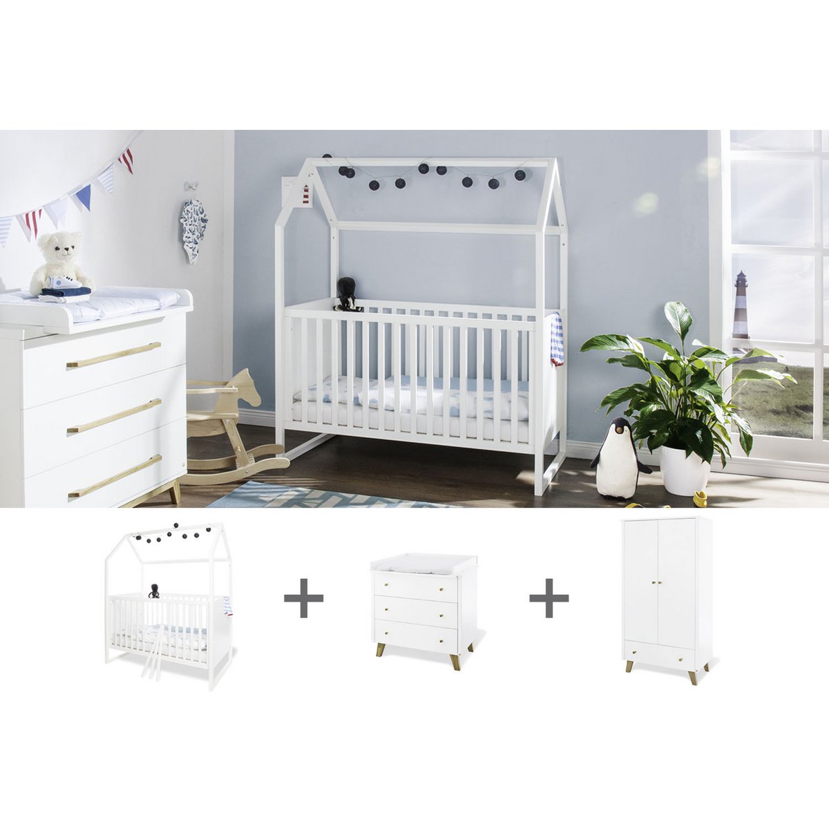 PINOLINO Kinderzimmer 'Hilda & Pan' breit | 3-teilig: Bett, Wickelkommode, Schrank